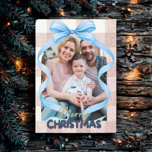 Cartão De Festividades Foto Vintage de Natal com Laço Azul em Aquarela