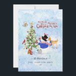 Cartão De Festividades Foto: Watercolor Snowman Árvore de Natal Pássaro<br><div class="desc">"Photo Watercolor Snowman, Cartão de Feriado de Pássaro de Árvore de Natal Snowman, ", animais adoráveis de floresta enfeitam a sua árvore de Natal juntos à medida que a neve cai. A design de tipografia de scripts vermelhos diz, "Desejamos-lhe um Feliz Natal." Personalizadas três linhas de texto com seus nomes...</div>