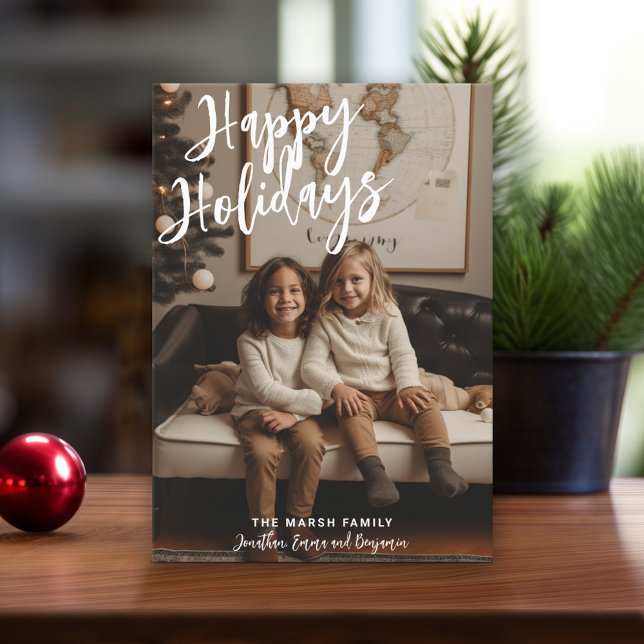 Cartão De Festividades Foto: Xadrez de Natal manuscrita feliz (Modern Christmas Card with Photos)