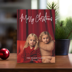 Cartão De Festividades Foto - Xadrez Vermelha Feliz Natal, manuscrita
