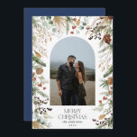 Cartão De Festividades Fotoarco de cor aquática floral botânico do Natal<br><div class="desc">Mery Christmas — moderno elegante e elegante aquarela seca botânica com cores mudas cor mudas cor de Natal arca 1 foto Cartão de Natal. Marinho azul-backer.</div>