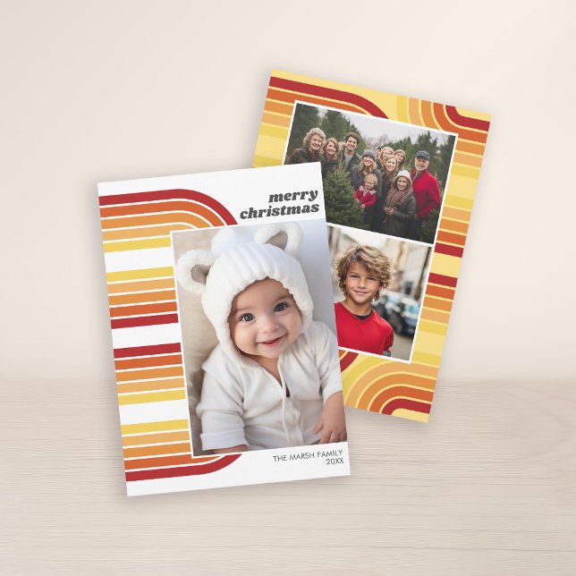 Cartão De Festividades Fotografia com Arch Line Art e off Center Pic (3 Photo Christmas Card with Retro 70s Stripes - Print and Download Option)