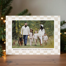 Cartão De Festividades Fotografia de Natal em Gingham Creme Aquarela