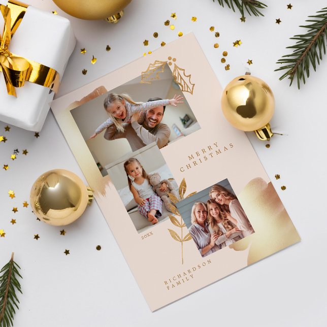 Cartão De Festividades Fotografias de Folhagem Tinta-Chic-Na moda Dourada (Chic Stylish Gold and Blush Pink Foliage Photos Holiday Card)