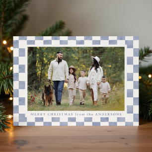 Cartão De Festividades Fotomontagem de Natal em Xadrez Azul-ardósia em Aq
