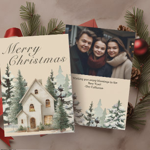 Cartão De Festividades Fotomontagem Rústica de Natal em Aquarela para Cas
