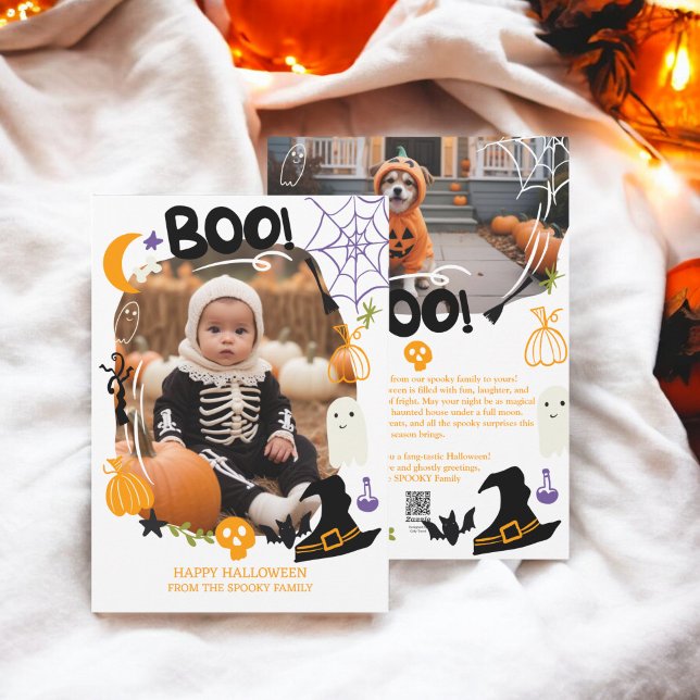 Cartão De Festividades Fotos bonitinhas do Dia das Bruxas Boo 2 (Spooky Halloween illustrations cute Boo 2 photos Holiday Card)