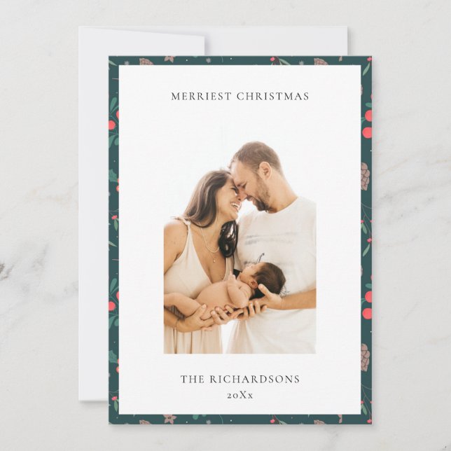 Cartão De Festividades Fotos com padrão floral verde vermelho Natalino (Frente)