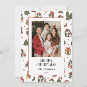 Cartão De Festividades Fotos da Família de Pinguins de Natal Vermelho e V
