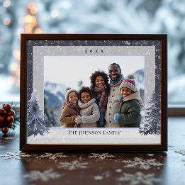 Cartão De Festividades Fotos da Família no Inverno com Pinheiro Natal