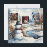Cartão De Festividades Fotos da família Snowman Winter River Christmas<br><div class="desc">Cura-d-água,  bonitão gordinho vestindo um chapéu preto e um cachecol azul e vermelho. Ele está ao lado de um rio,  num campo coberto de neve. Adicione suas fotos favoritas para personalizar. Conteúdo genérico</div>