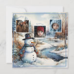 Cartão De Festividades Fotos da família Snowman Winter River Christmas<br><div class="desc">Cura-d-água,  bonitão gordinho vestindo um chapéu preto e um cachecol azul e vermelho. Ele está ao lado de um rio,  num campo coberto de neve. Adicione suas fotos favoritas para personalizar. Conteúdo genérico</div>