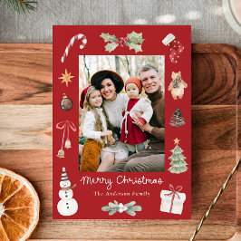 Cartão De Festividades Fotos da Família Vermelho Natal Fofo Aquarela