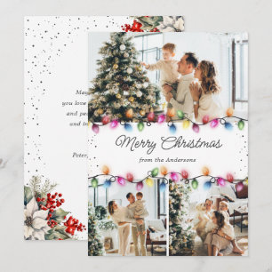 Cartão De Festividades Fotos de 3 Luzes de Natal Folhas de Azevinho e Fru