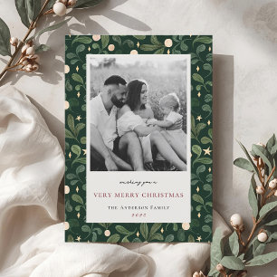 Cartão De Festividades Fotos de Família de Natal com Folhagem de Inverno