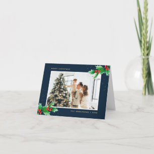 Cartão De Festividades Fotos de Natal com Azevinho e Frutas em Aquarela A