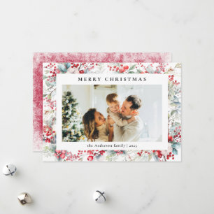 Cartão De Festividades Fotos de Natal com Bagas em Aquarela Elegante