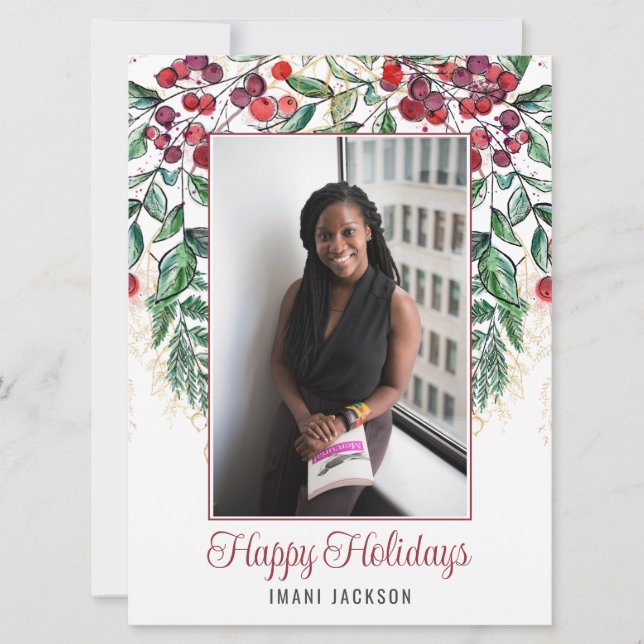 Cartão De Festividades Fotos de Natal com Frutas Vermelhas em Aquarela e  (Frente)