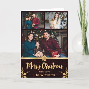 Cartão De Festividades Fotos de Natal da Família com Bokeh Vermelho e Fit