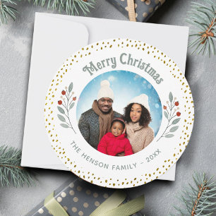 Cartão De Festividades Fotos de Natal da Família com Brilho de Folhagem 