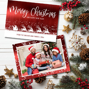 Cartão De Festividades Fotos de Natal do Trenó do Papai Noel em Vermelho
