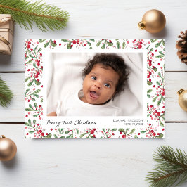 Cartão De Festividades Fotos do Primeiro Natal, Frutas Vermelhas e Folhag