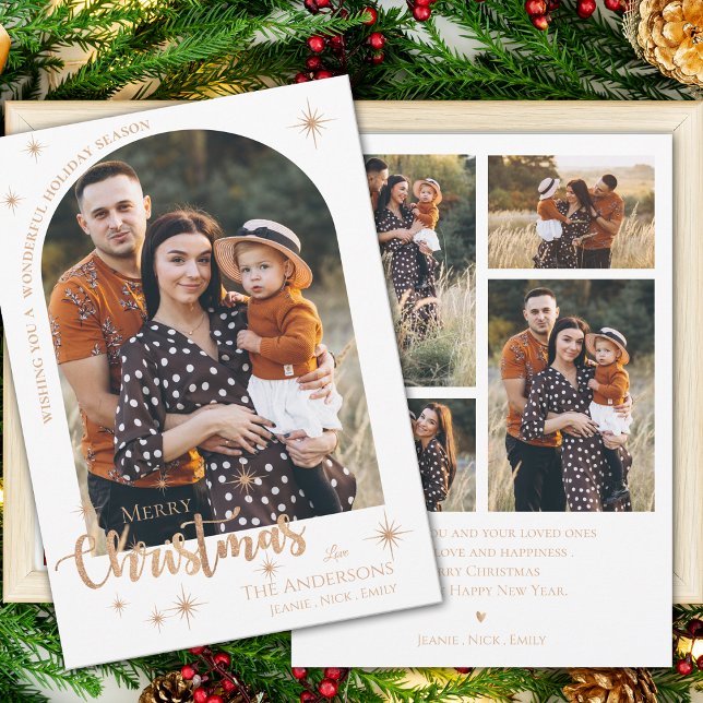 Cartão De Festividades Fotos Douradas da multifamília Faux Rosa Feliz Nat (Faux Rose Gold Multi Family Photos Merry Christmas Holiday Card)