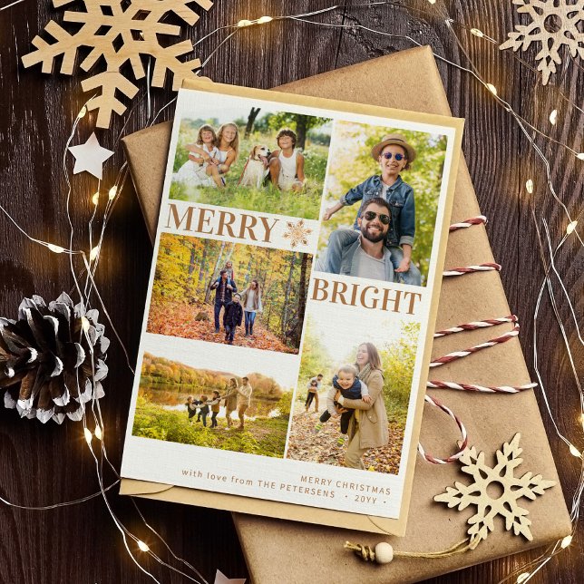 Cartão De Festividades Fotos modernas de 5 flocos de neve dourados Natal (Criador carregado)