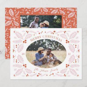 Cartão De Festividades Fotos Oval Vintage Holly Berries   Vermelho Rosa B