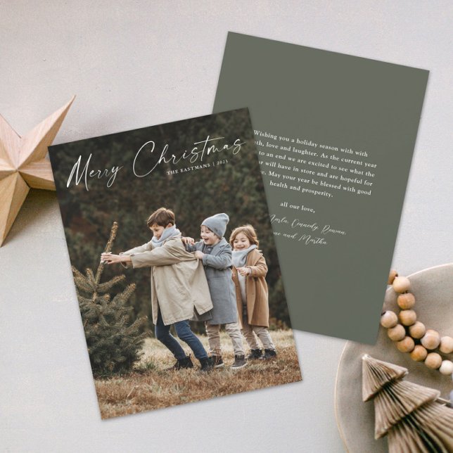 Cartão De Festividades Fotos Simples de Natal com Letra Manuscrita (A simple photo christmas holiday card with handwritten Merry Christmas script typographic overlay.)