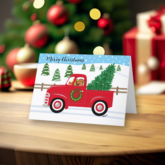 Cartão De Festividades Fox Red Labrador Red Truck Natal (Fox Red Labrador and Vintage Red Truck Design Christmas Cards for Fox Red Labrador Owners. )