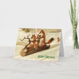 Cartão De Festividades Foxes Sledding on a Log Animal Christmas Card
