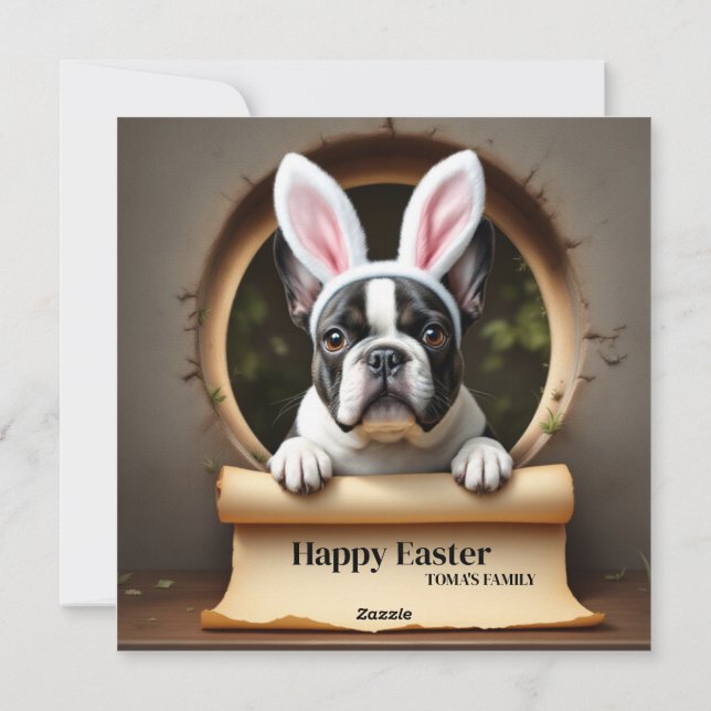 Cartão De Festividades Francês - Buldogue Black - com Family Name (Verso)