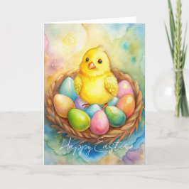 Cartão De Festividades Frango de Páscoa em um ninho com ovos Ilustração