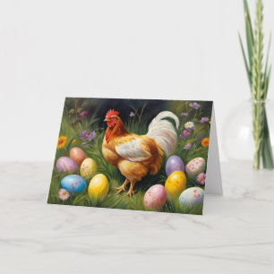Cartão De Festividades Frango de Páscoa no Jardim de Flores & Ovos de Pás