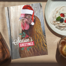 Cartão De Festividades Frango Usando Chapéu de Papai Noel Engraçado