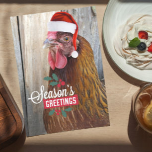 Cartão De Festividades Frango Usando Chapéu de Papai Noel Engraçado