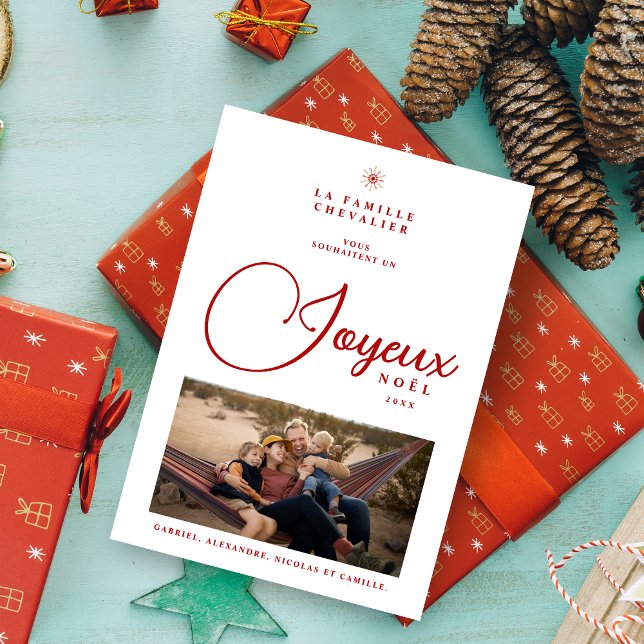 Cartão De Festividades French Modern Joyeux Noël Snowflake Photo Holiday  (French Modern Joyeux Noël Snowflake Photo in Red and faux Gold Holiday Card with Envelope. )