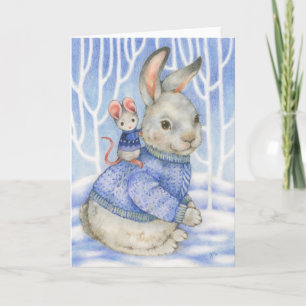 Cartão De Festividades Friendship Rabbit and Mouse Cute Christmas Card