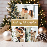 Cartão De Festividades Frohe Weihnachten Photo Collage<br><div class="desc">Este cartão fabuloso de 3 fotos feriadas com "Frohe Weihnachten!" em uma fonte moderna e seu nome de família e ano em uma fonte de boné tradicional clara e clara, ambas em branco e em ouro, com um retorno correspondente, é perfeito para enviar para sua família e amigos. Todos vão...</div>