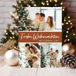 Cartão De Festividades Frohe Weihnachten Photo Collage<br><div class="desc">Este cartão fabuloso de 3 fotos de feriado com "Frohe Weihnachten!" em uma fonte moderna e seu nome de família e ano em uma fonte de boné tradicional clara, ambas em branco em terracota e com um retorno correspondente é perfeito para enviar para sua família e amigos. Todos vão adorar...</div>