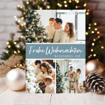 Cartão De Festividades Frohe Weihnachten Photo Collage<br><div class="desc">Este cartão fabuloso de 3 fotos, com "Frohe Weihnachten!" em uma fonte moderna e seu nome de família e ano em uma fonte de boné tradicional clara, ambas em branco, em azul empoeirado, com um retorno correspondente, é perfeito para enviar para sua família e amigos. Todos vão adorar ter novas...</div>