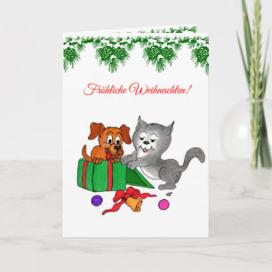Cartão De Festividades Fröhliche Weihnachten, Hund Katze auf Deutsch