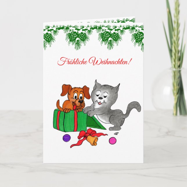 Cartão De Festividades Fröhliche Weihnachten, Hund Katze auf Deutsch (Frente)