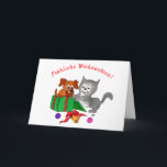 Cartão De Festividades Fröhliche Weihnachten, Hund Katze auf Deutsch<br><div class="desc">Fröhliche Weihnachten mit Hund Katze - Buntstiftzeichnung von Krisi ArtKSZP~~ Compro Kategorie >> Feliz Natal para Crianças > Feliz Natal - Gato e Puppy</div>