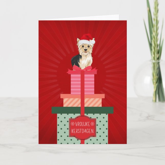 Cartão De Festividades Frolijke Kerstdaagen Yorkie Hond Cadeautjes Kerst (Frente)