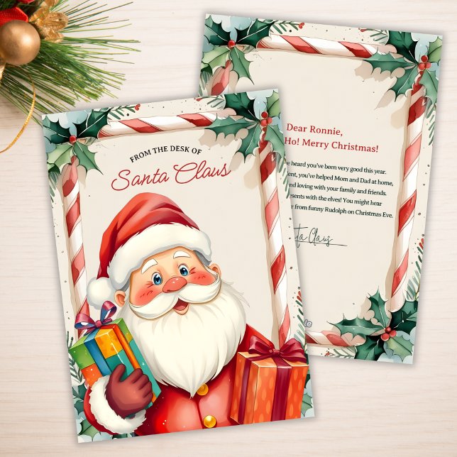 Cartão De Festividades From the Desk of Santa Kids Christmas Note Letter (Personalized Letter from Santa – Candy Cane & Holly North Pole Stationery)