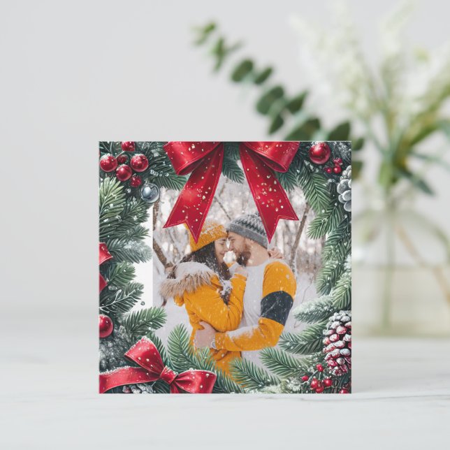 Cartão De Festividades Fronteira de Fotografias Evergreen para o Natal (Em pé/Frente)