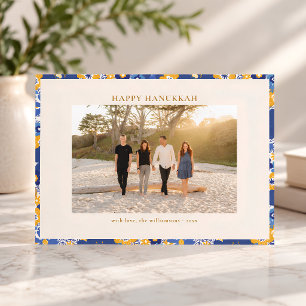 Cartão De Festividades Fronteira Floral Azul Família Foto Hanukkah Feriad
