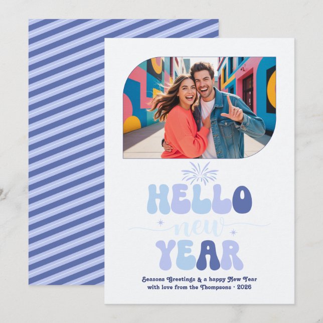 Cartão De Festividades Frosted Sky Hello New Year Blue Retro Photo (Frente/Verso)
